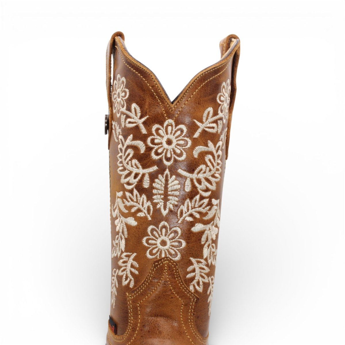 Bota Vaquera para Mujer de Piel Crazy Color Honey con Bordado de Flores Blancas y Punta Cuadrada – Hooch Boots H227251 - Hooch