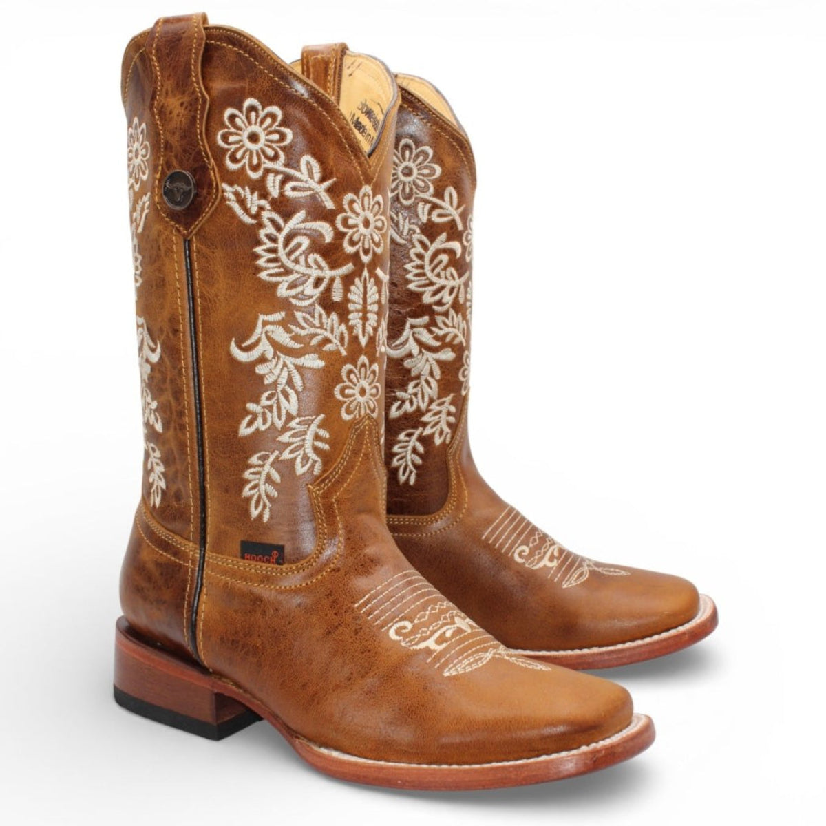 Women's Square Toe Leather Boots Honey White Flowers