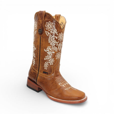 Bota Vaquera para Mujer de Piel Crazy Color Honey con Bordado de Flores Blancas y Punta Cuadrada – Hooch Boots H227251 - Hooch
