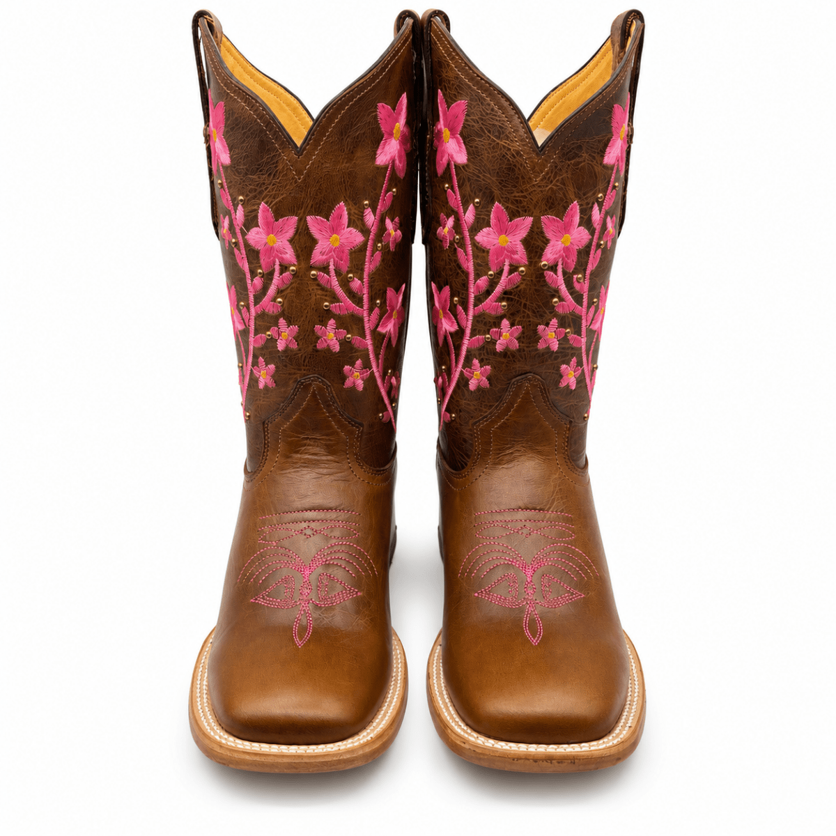 Bota Vaquera para Mujer Punta Cuadrada de Piel Genuina Color Cafe con Bordado Floral Rosa – Hooch Boots H227251R - Hooch Boots