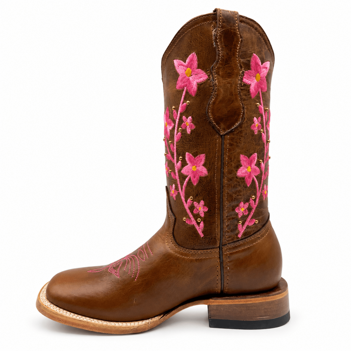 Bota Vaquera para Mujer Punta Cuadrada de Piel Genuina Color Cafe con Bordado Floral Rosa – Hooch Boots H227251R - Hooch Boots