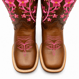 Bota Vaquera para Mujer Punta Cuadrada de Piel Genuina Color Cafe con Bordado Floral Rosa – Hooch Boots H227251R - Hooch Boots