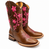 Bota Vaquera para Mujer Punta Cuadrada de Piel Genuina Color Cafe con Bordado Floral Rosa – Hooch Boots H227251R - Hooch Boots