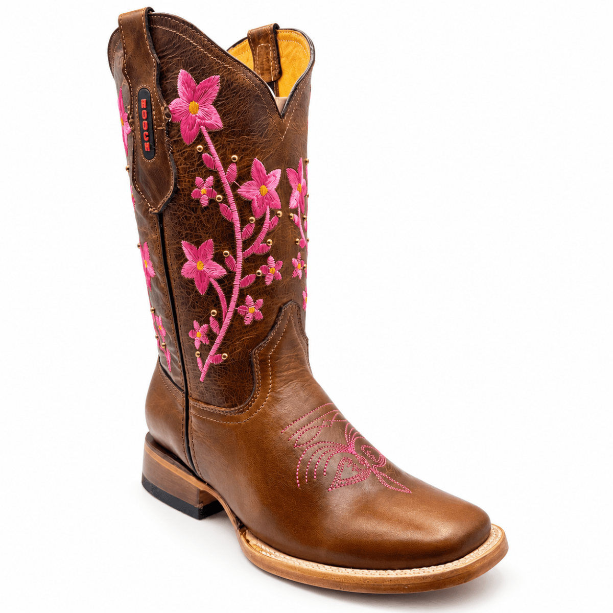 Bota Vaquera para Mujer Punta Cuadrada de Piel Genuina Color Cafe con Bordado Floral Rosa – Hooch Boots H227251R - Hooch Boots