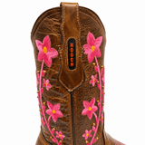 Bota Vaquera para Mujer Punta Cuadrada de Piel Genuina Color Cafe con Bordado Floral Rosa – Hooch Boots H227251R - Hooch Boots