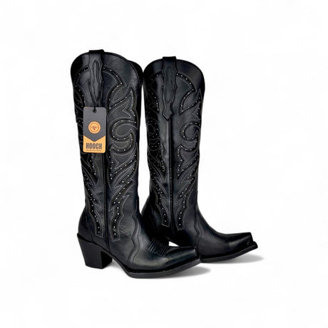 Bota Vaquera para Mujer Punta Snip Alta "Luna Black" de Piel Genuina con Tubo 16” y Tacon Western de 2.5” – Hooch Boots H26T9505 - Hooch