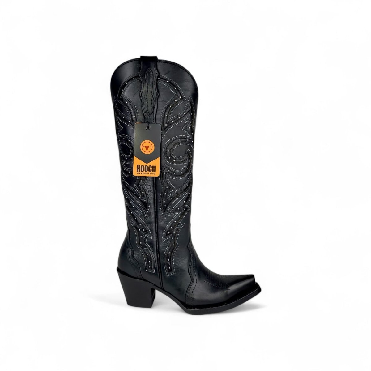 Bota Vaquera para Mujer Punta Snip Alta "Luna Black" de Piel Genuina con Tubo 16” y Tacon Western de 2.5” – Hooch Boots H26T9505 - Hooch