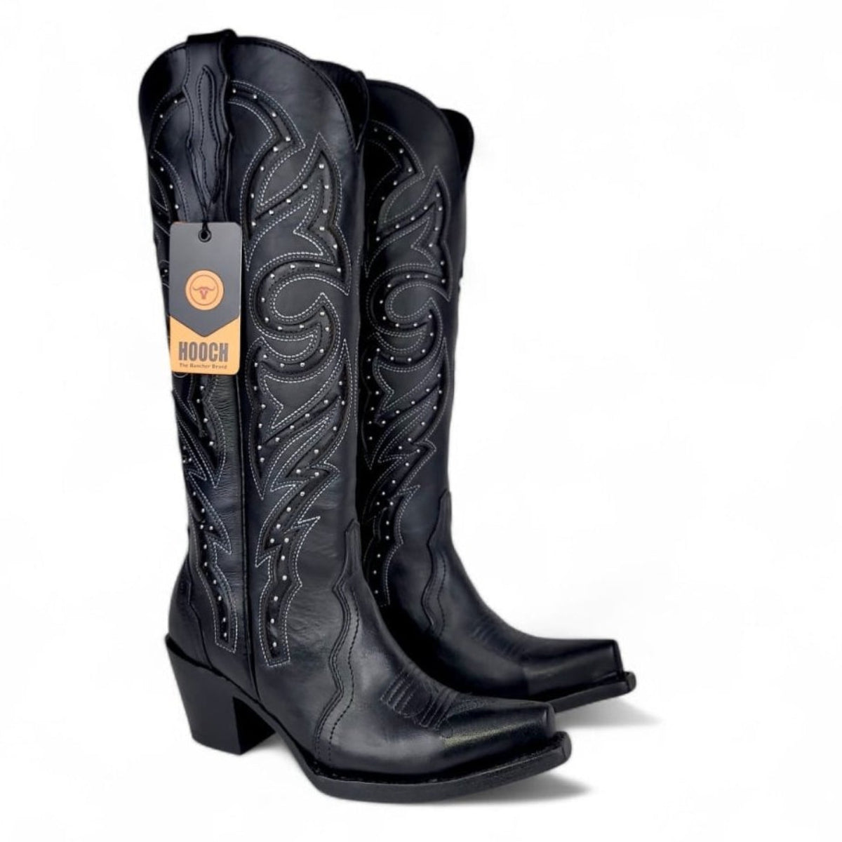 Women's Cowboy Boot Snip Toe High "Luna Black" Genuine Leather with 16 Women's Cowboy Boot Snip Toe High "Luna Black" Genuine Leather with 16