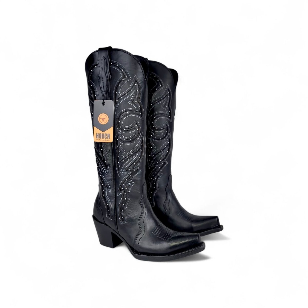 Bota Vaquera para Mujer Punta Snip Alta "Luna Black" de Piel Genuina con Tubo 16” y Tacon Western de 2.5” – Hooch Boots H26T9505 - Hooch