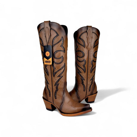 Bota Vaquera para Mujer Punta Snip Alta "Luna Honey" de Piel Genuina con Tubo 16” y Tacon Western de 2.5” – Hooch Boots H26T9551 - Hooch
