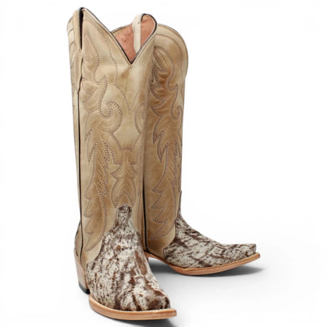 Botas Altas de Piel con Pelo de Vaca y Diseño Triad Picasso Punta Recortada Para Dama Color Arena - Tanner Mark Boots - Tanner Mark Boots