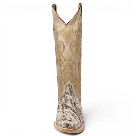 Botas Altas de Piel con Pelo de Vaca y Diseño Triad Picasso Punta Recortada Para Dama Color Arena - Tanner Mark Boots - Tanner Mark Boots