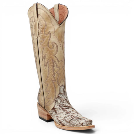Botas Altas de Piel con Pelo de Vaca y Diseño Triad Picasso Punta Recortada Para Dama Color Arena - Tanner Mark Boots - Tanner Mark Boots