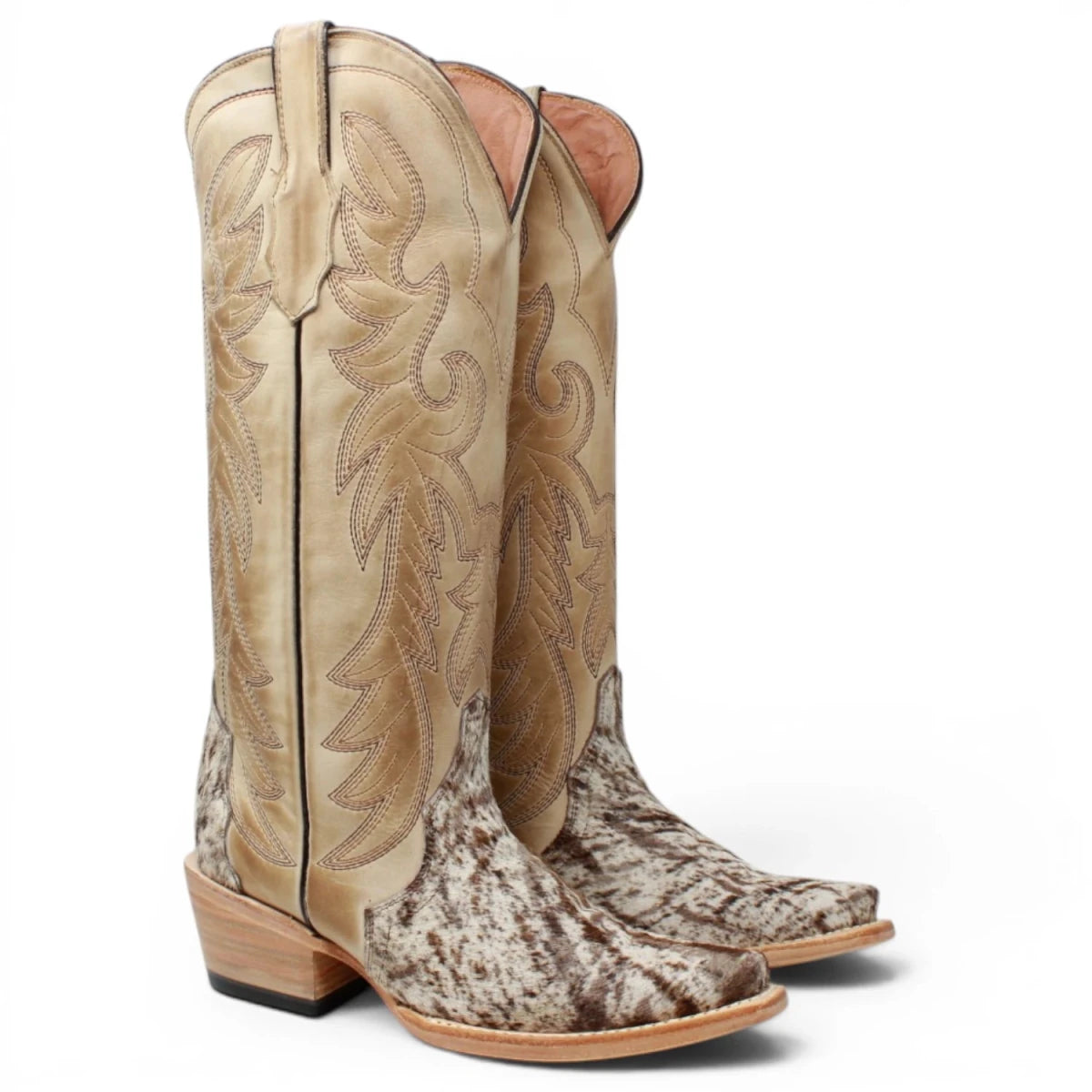 Botas Altas de Piel con Pelo de Vaca y Diseño Triad Picasso Punta Recortada Para Dama Color Arena - Tanner Mark Boots - Tanner Mark Boots