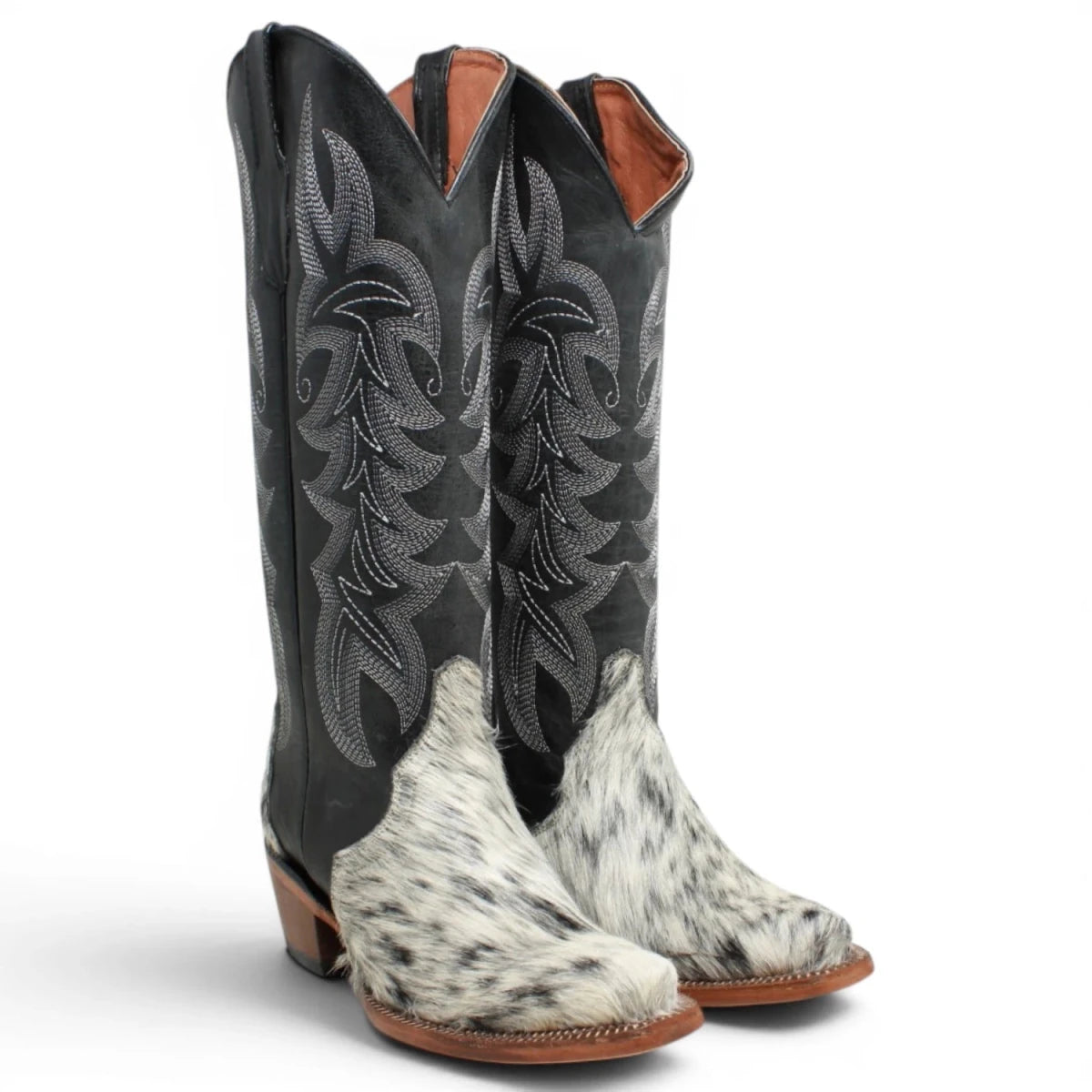 Botas Altas de Piel con Pelo de Vaca y Diseño Triad Punta Recortada Para Dama Color Blanco y Negro - Tanner Mark Boots - Tanner Mark Boots