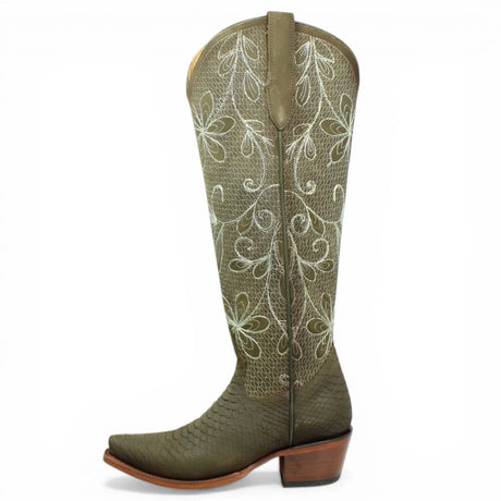 Botas Altas Verdes de Cuero Original con Grabado Piton Q34T5709 - Quincy Boots