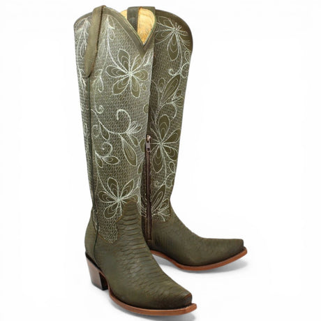 Botas Altas Verdes de Cuero Original con Grabado Piton Q34T5709 - Quincy Boots