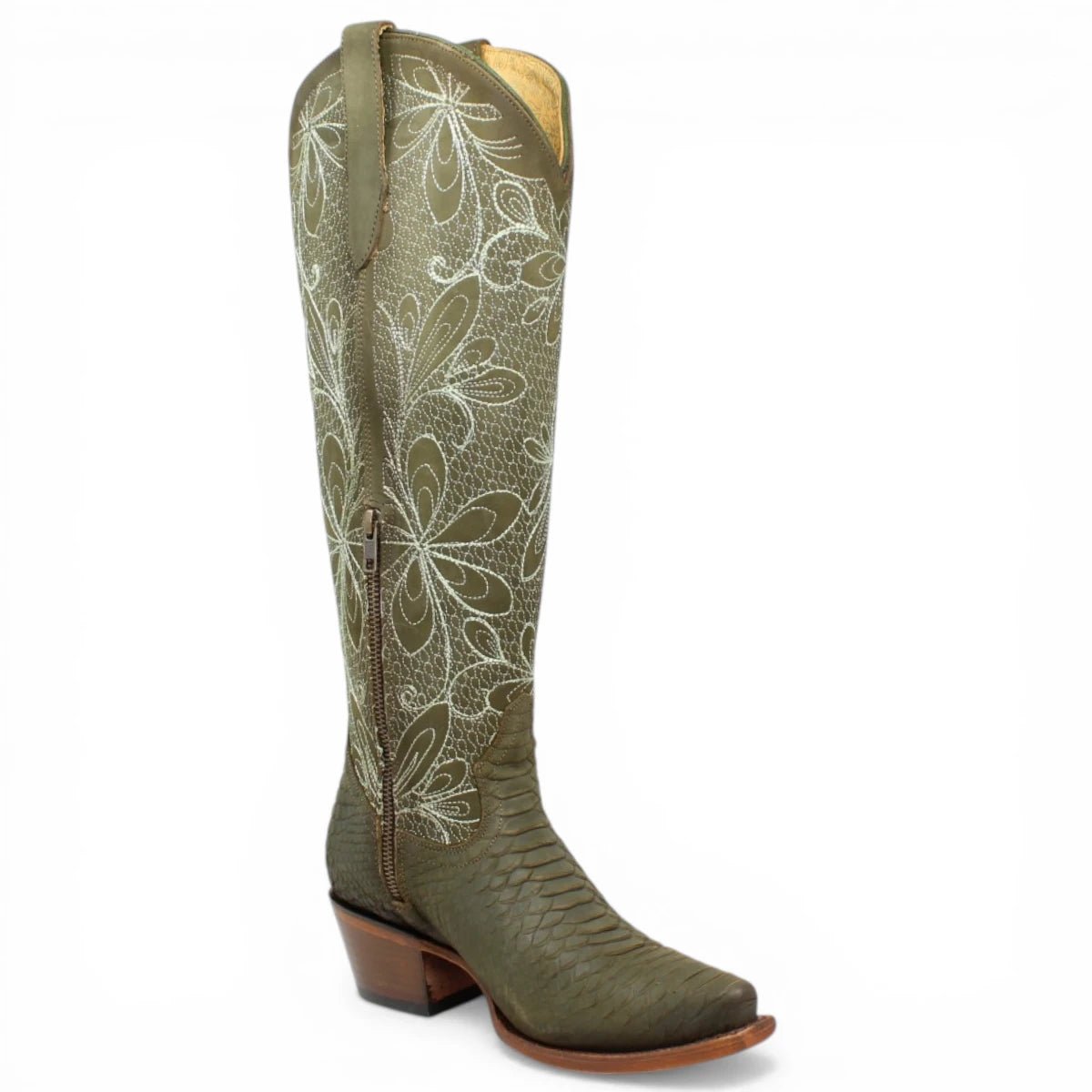 Botas Altas Verdes de Cuero Original con Grabado Piton Q34T5709 - Quincy Boots