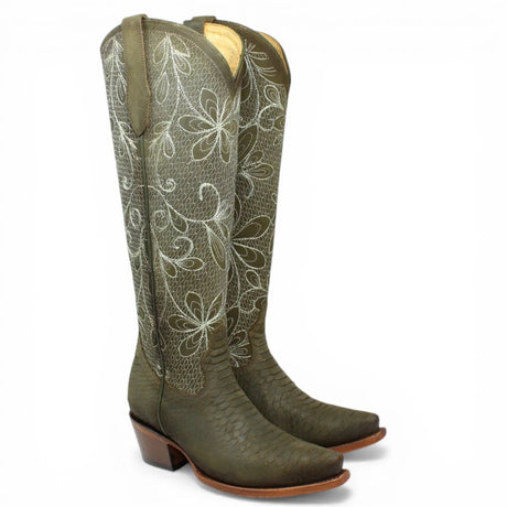 Botas Altas Verdes de Cuero Original con Grabado Piton Q34T5709 - Quincy Boots
