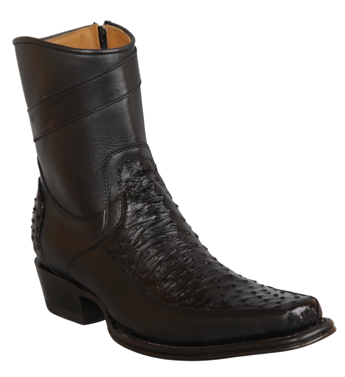 Botas Cortas de Avestruz y Piel Original Punta Cuadrada Europea Wild West Boots - Negro - Wild West Boots