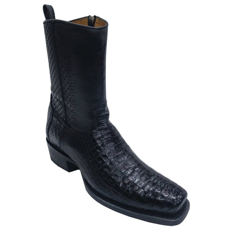 Botas Cortas de Cocodrilo Caiman Panza Original Punta 7X Cuadrada Ancha Color Negro - Los Altos Boots - Los Altos Boots