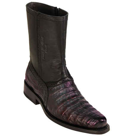 Botas Cortas de Cocodrilo Caiman Panza Original Punta Oval Color Negro Rojizo - Los Altos Boots - Los Altos Boots