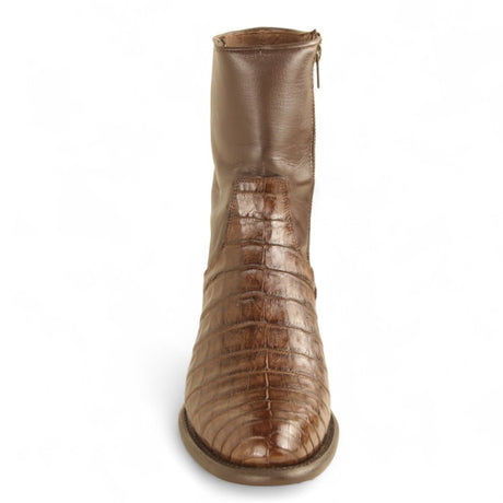 Botas Cortas de Cocodrilo Caiman Panza Original Punta Redonda Roper Color Cafe - Los Altos Boots - Los Altos Boots