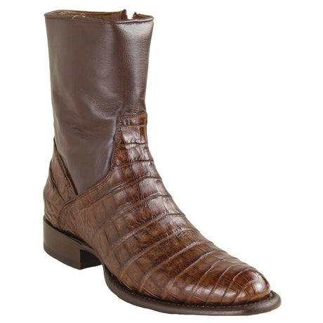 Western Genuine Caiman Crocodile Belly Round Roper Toe Short Boots Brown Color - Los Altos Boots - Side View