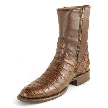 Botas Cortas de Cocodrilo Caiman Panza Original Punta Redonda Roper Color Cafe - Los Altos Boots - Los Altos Boots