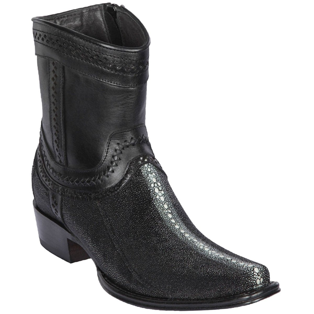 Botas Cortas de Mantarraya Original Perla Completa Punta Cuadrada Color Negro - Los Altos Boots - Los Altos Boots