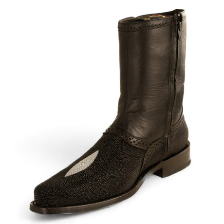 Botas Cortas de Mantarraya Original Perla Sencilla Punta Oval Color Negro - Los Altos Boots - Los Altos Boots