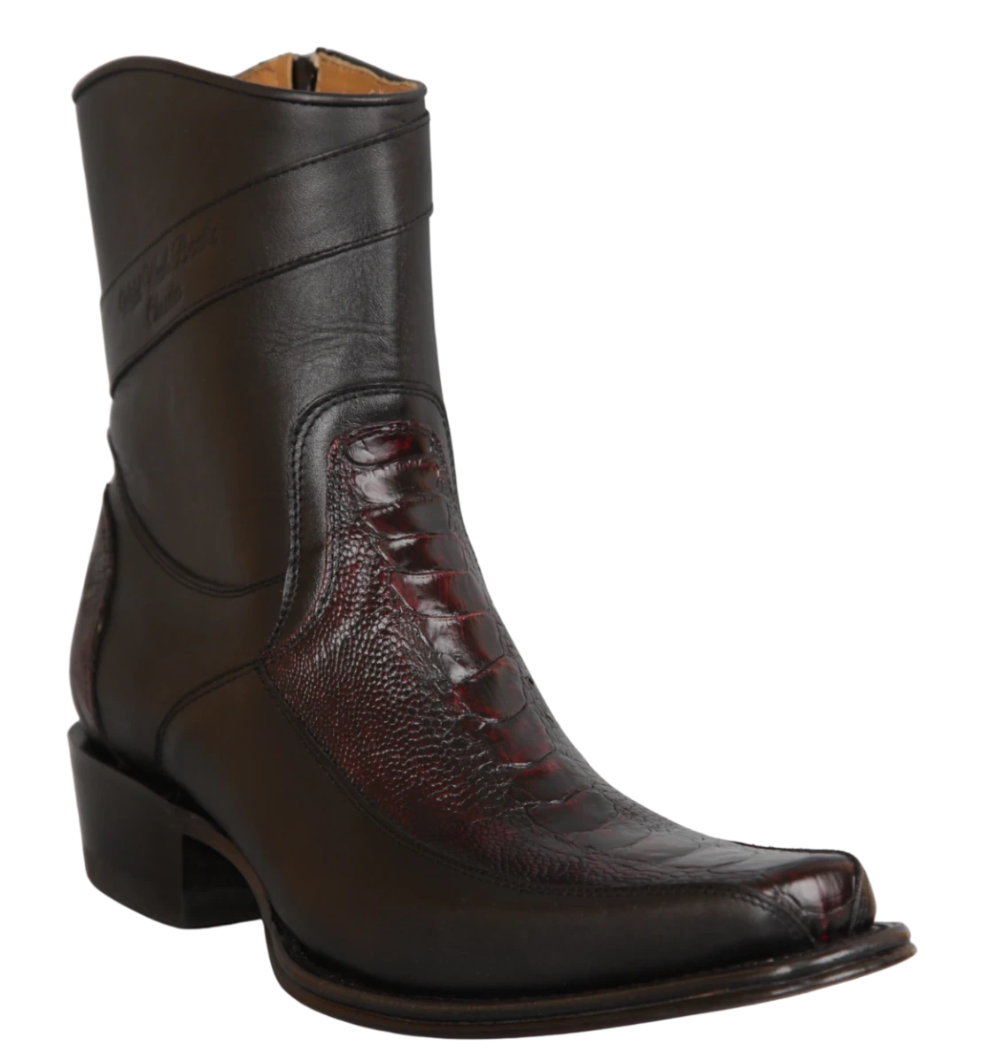 Botas Cortas de Pata de Avestruz y Piel Original Punta Cuadrada Europea Wild West Boots - Negro Rojizo - Wild West Boots