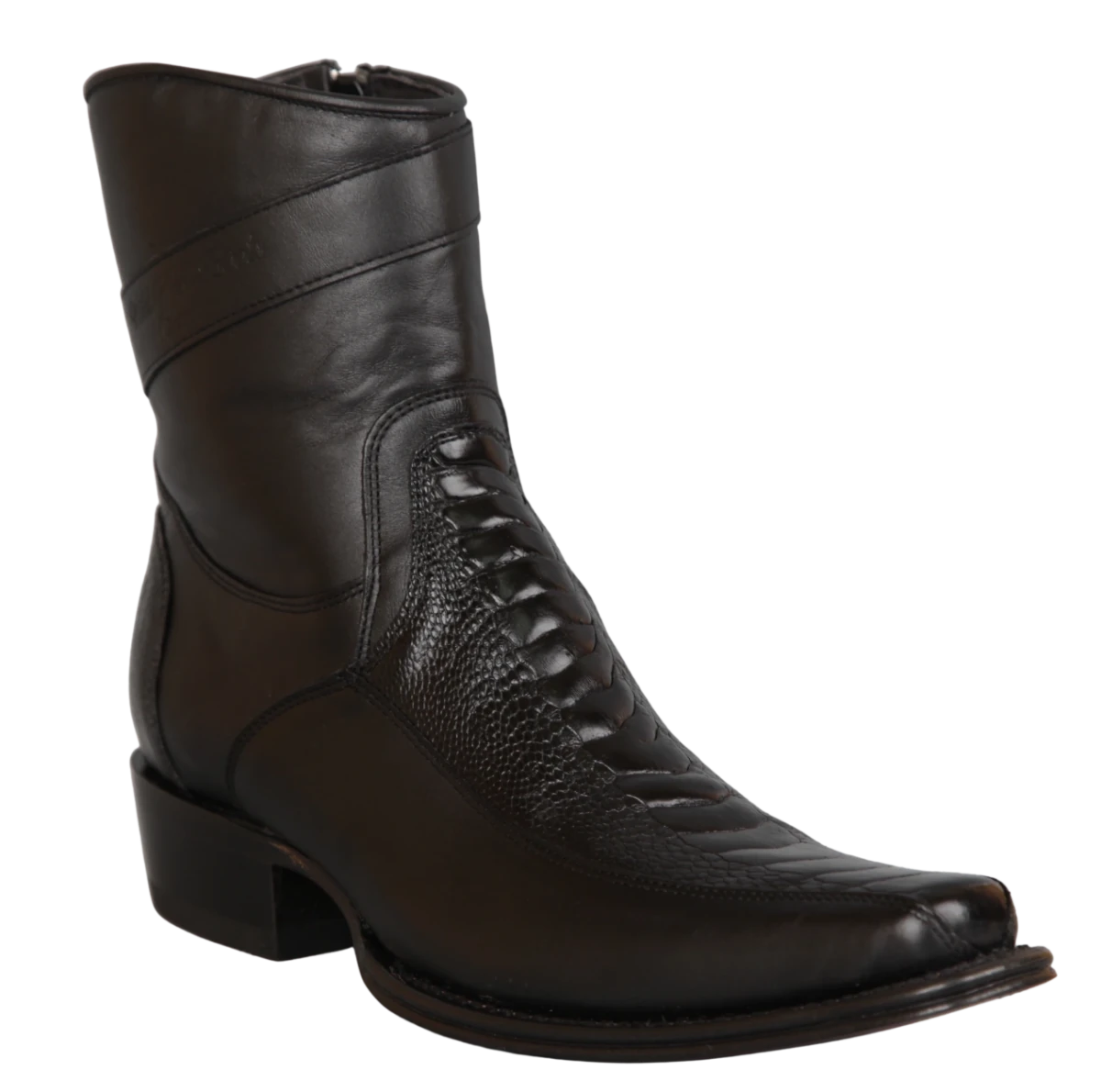 Botas Cortas de Pata de Avestruz y Piel Original Punta Cuadrada Europea Wild West Boots - Negro - Wild West Boots