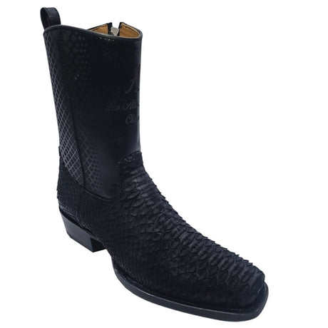 Botas Cortas de Piton Original Punta 7X Cuadrada Ancha Color Negro Gamuza - Los Altos Boots - Los Altos Boots