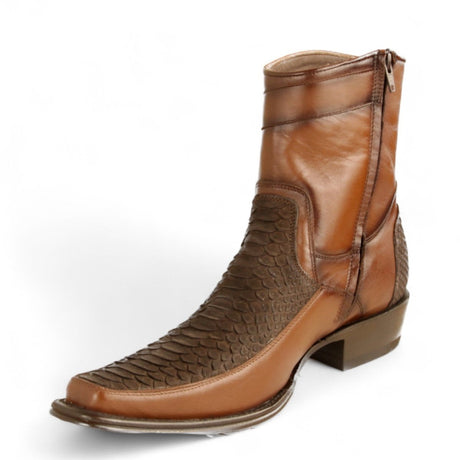 Botas Cortas de Piton Original Punta Europea Color Cafe Gamuza - Los Altos Boots - Los Altos Boots