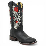 Botas Cuadrada Negro con Flores Rojas y Ringle - Sidney - A&A Boots