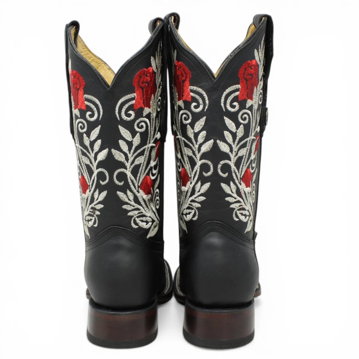 Botas Cuadrada Negro con Flores Rojas y Ringle - Sidney - A&A Boots