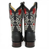 Botas Cuadrada Negro con Flores Rojas y Ringle - Sidney - A&A Boots