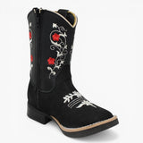 Botas Cuadrada Negro con Flores Rojas y Ringle - Sidney - A&A Boots