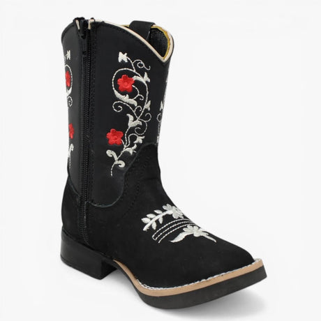 Botas Cuadrada Negro con Flores Rojas y Ringle - Sidney - A&A Boots