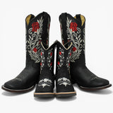 Botas Cuadrada Negro con Flores Rojas y Ringle - Sidney - A&A Boots