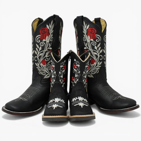Botas Cuadrada Negro con Flores Rojas y Ringle - Sidney - A&A Boots
