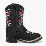 Botas Cuadrada Negro con Flores Rojas y Ringle - Sidney - A&A Boots