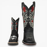 Botas Cuadrada Negro con Flores Rojas y Ringle - Sidney - A&A Boots