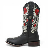Botas Cuadrada Negro con Flores Rojas y Ringle - Sidney - A&A Boots