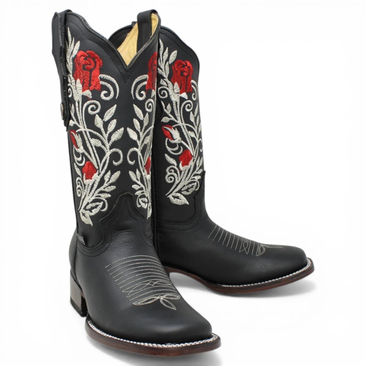 Botas Cuadrada Negro con Flores Rojas y Ringle - Sidney - A&A Boots
