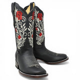 Botas Cuadrada Negro con Flores Rojas y Ringle - Sidney - A&A Boots