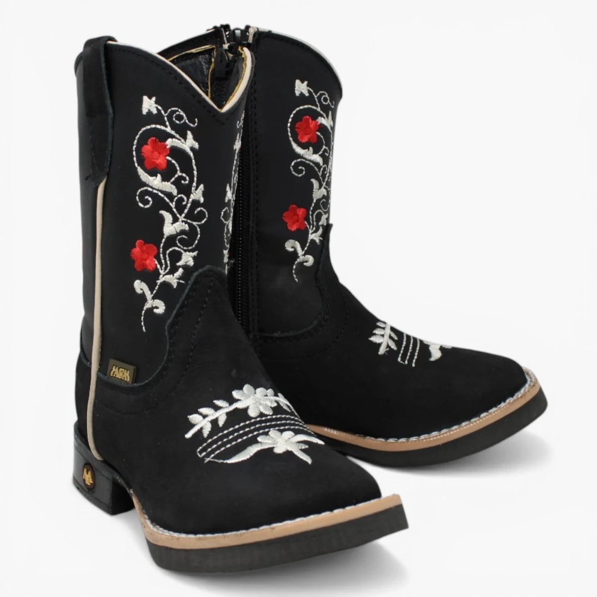 Botas Cuadrada Negro con Flores Rojas y Ringle - Sidney - A&A Boots