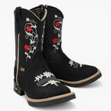 Botas Cuadrada Negro con Flores Rojas y Ringle - Sidney - A&A Boots