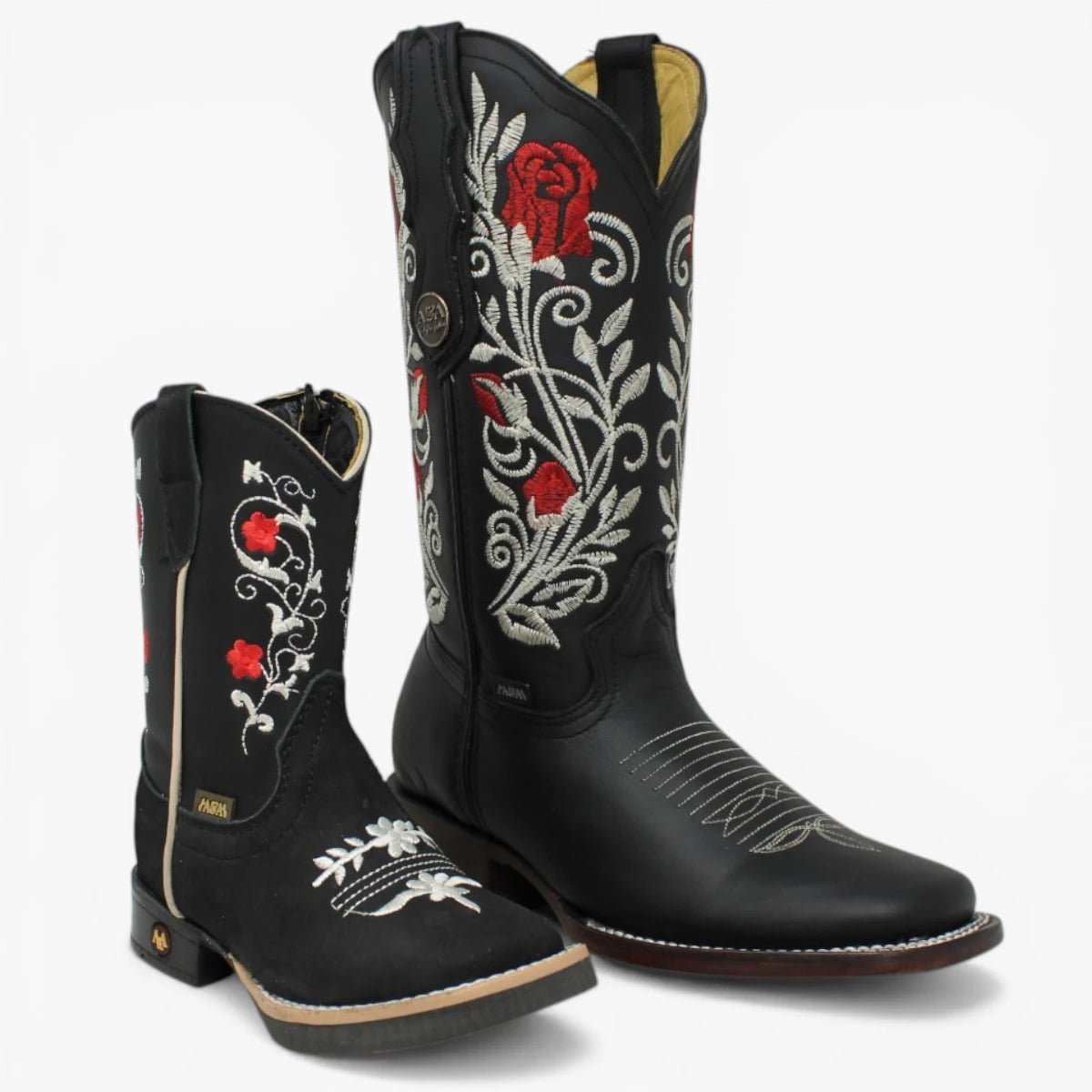 Botas Cuadrada Negro con Flores Rojas y Ringle - Sidney - A&A Boots